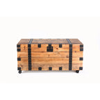 Table Basse Malle à Quatre Roues, Grande Capacité de Rangement, Bois Recyclé Naturel / Métal Noir