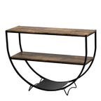 Console rustique en bois vieilli avec plateau demi-lune en métal texturé