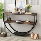 Console rustique en bois vieilli avec plateau demi-lune en métal texturé