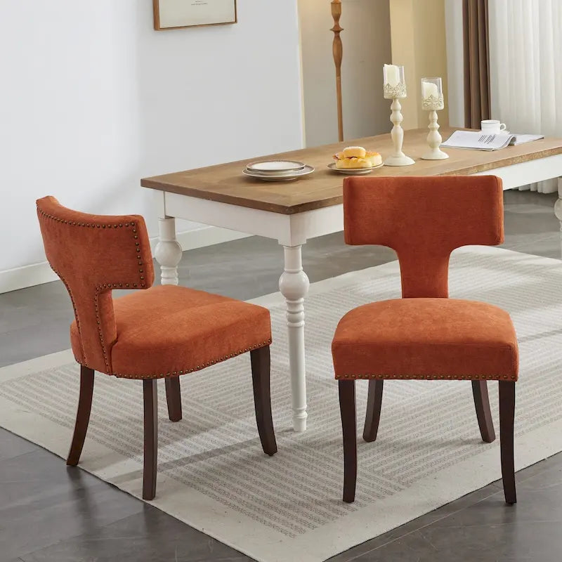 Chaises de salle à manger modernes, chaises d'appoint rembourrées en tissu lin avec dossier incurvé et structure en bois d'hévéa