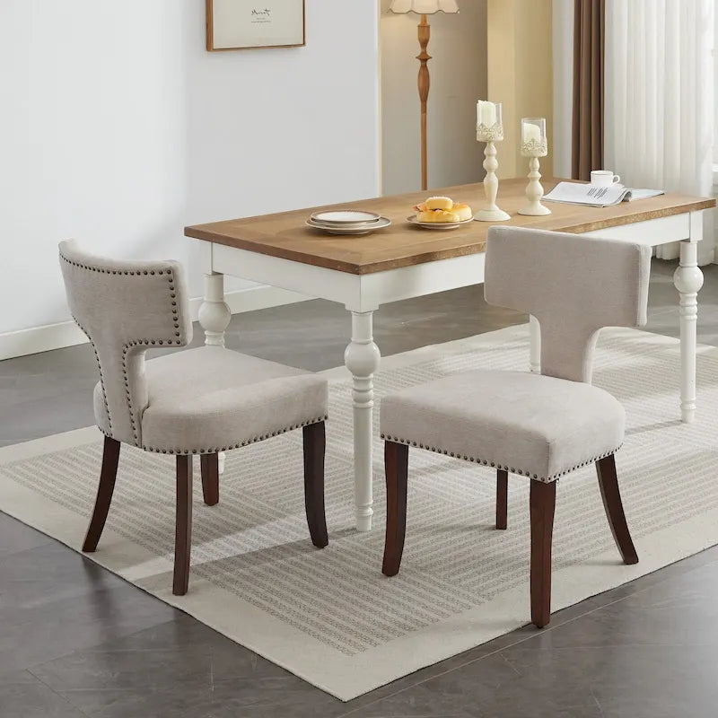 Chaises de salle à manger modernes, chaises d'appoint rembourrées en tissu lin avec dossier incurvé et structure en bois d'hévéa