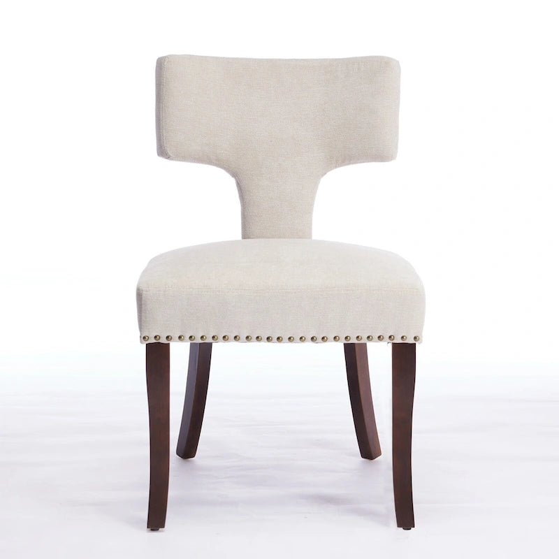 Chaises de salle à manger modernes, chaises d'appoint rembourrées en tissu lin avec dossier incurvé et structure en bois d'hévéa