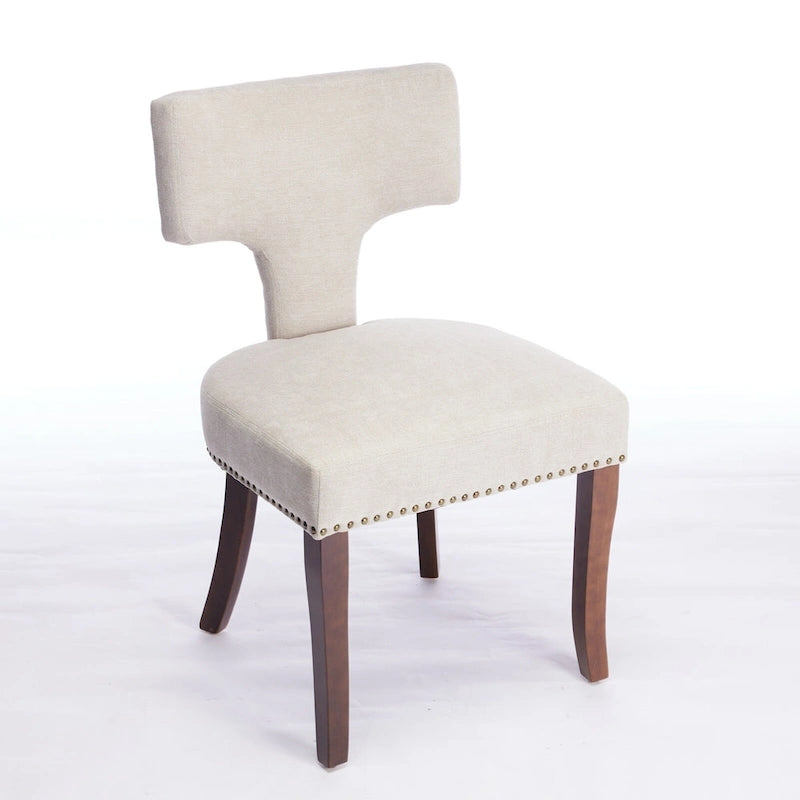Chaises de salle à manger modernes, chaises d'appoint rembourrées en tissu lin avec dossier incurvé et structure en bois d'hévéa