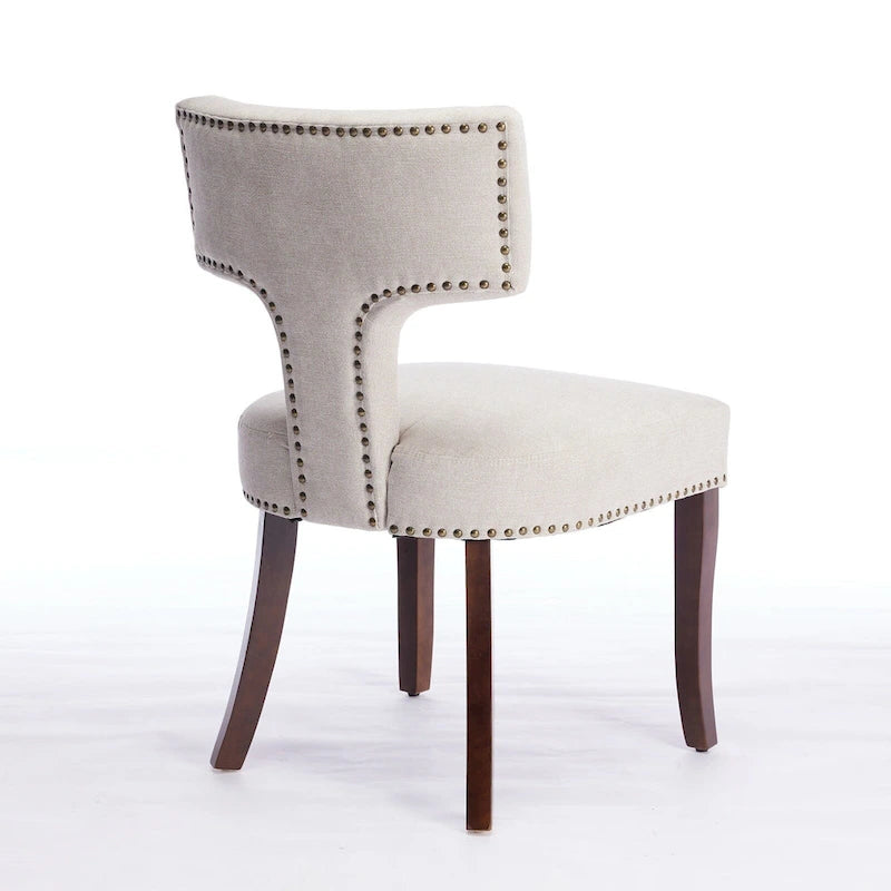 Chaises de salle à manger modernes, chaises d'appoint rembourrées en tissu lin avec dossier incurvé et structure en bois d'hévéa