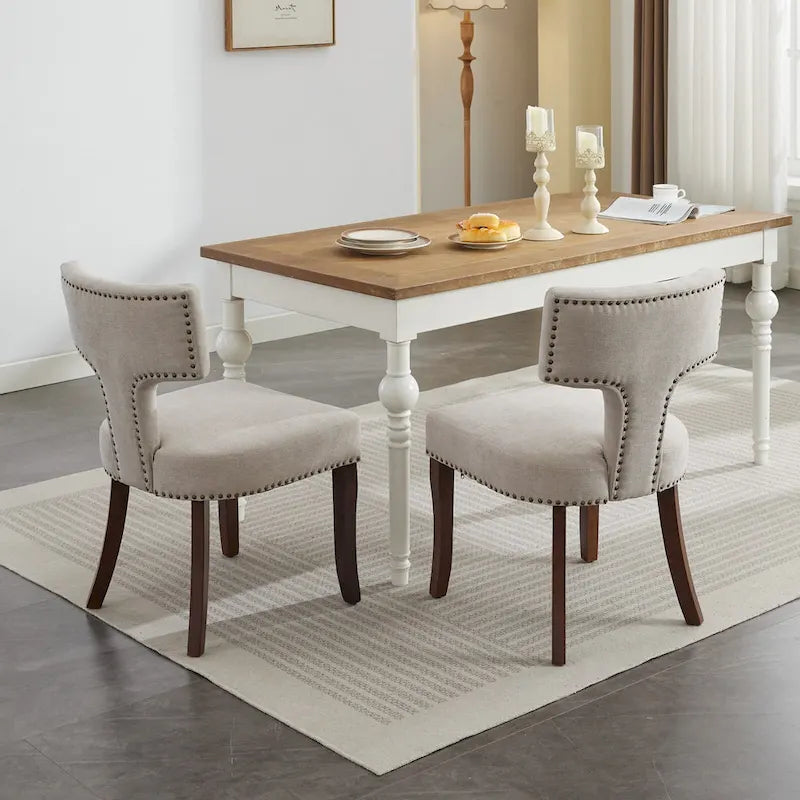 Chaises de salle à manger modernes, chaises d'appoint rembourrées en tissu lin avec dossier incurvé et structure en bois d'hévéa