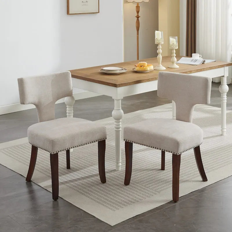 Chaises de salle à manger modernes, chaises d'appoint rembourrées en tissu lin avec dossier incurvé et structure en bois d'hévéa