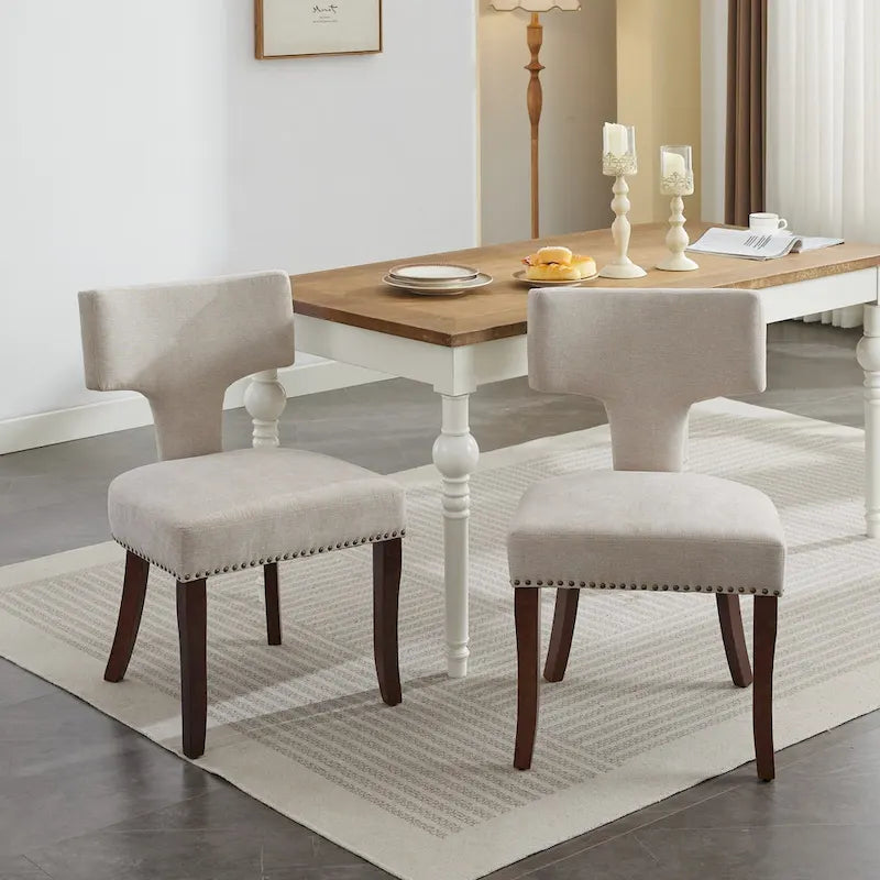 Chaises de salle à manger modernes, chaises d'appoint rembourrées en tissu lin avec dossier incurvé et structure en bois d'hévéa