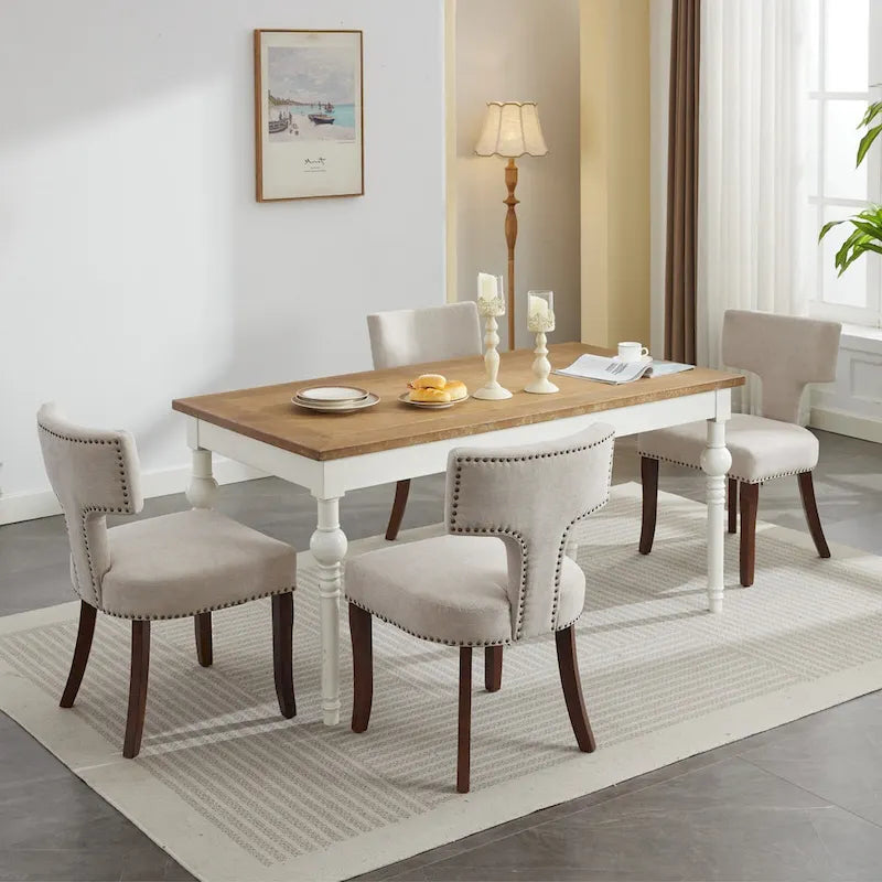 Chaises de salle à manger modernes, chaises d'appoint rembourrées en tissu lin avec dossier incurvé et structure en bois d'hévéa