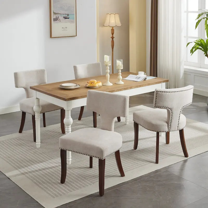 Chaises de salle à manger modernes, chaises d'appoint rembourrées en tissu lin avec dossier incurvé et structure en bois d'hévéa