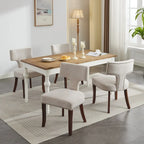 Chaises de salle à manger modernes, chaises d'appoint rembourrées en tissu lin avec dossier incurvé et structure en bois d'hévéa