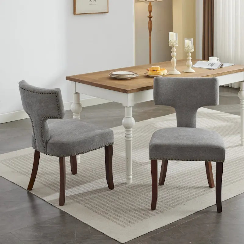 Chaises de salle à manger modernes, chaises d'appoint rembourrées en tissu lin avec dossier incurvé et structure en bois d'hévéa