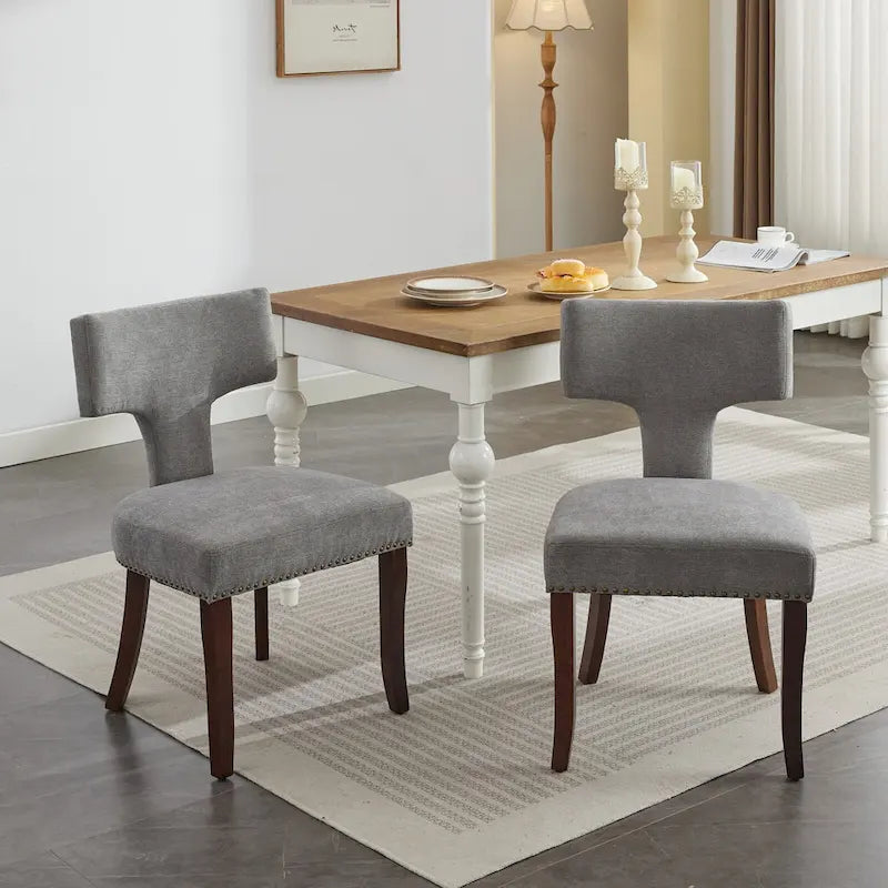 Chaises de salle à manger modernes, chaises d'appoint rembourrées en tissu lin avec dossier incurvé et structure en bois d'hévéa