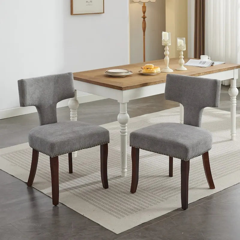 Chaises de salle à manger modernes, chaises d'appoint rembourrées en tissu lin avec dossier incurvé et structure en bois d'hévéa
