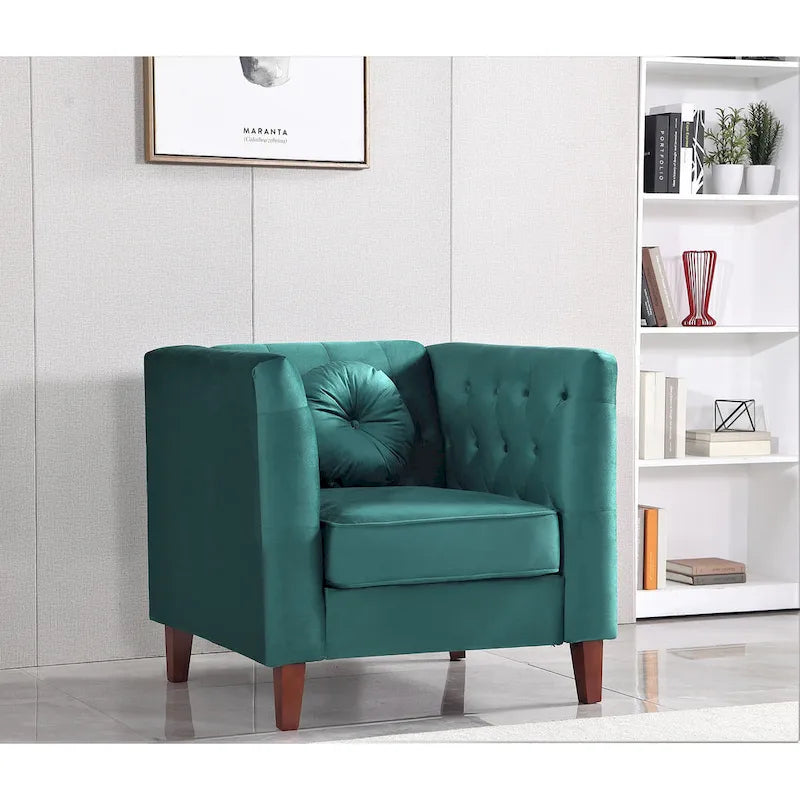 Fauteuil Chesterfield classique en velours avec pieds en bois