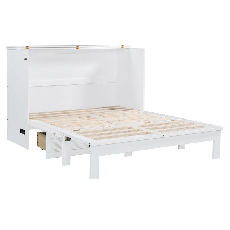Lit mural escamotable Full/Queen avec grand tiroir de rangement, lit armoire escamotable peu encombrant avec prises et ports USB