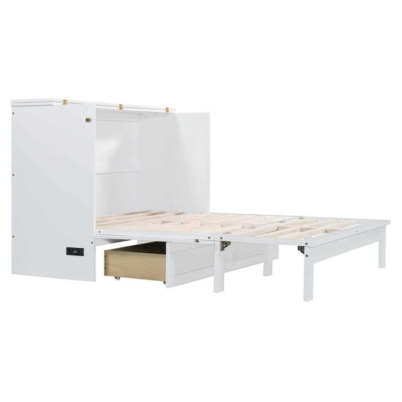 Lit mural escamotable Full/Queen avec grand tiroir de rangement, lit armoire escamotable peu encombrant avec prises et ports USB
