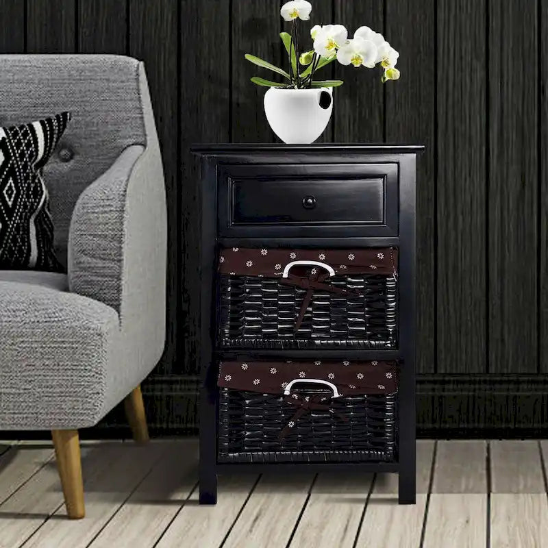  Black Night Stand 3 Tiers 1 Drawer Bedside End Table Organizer