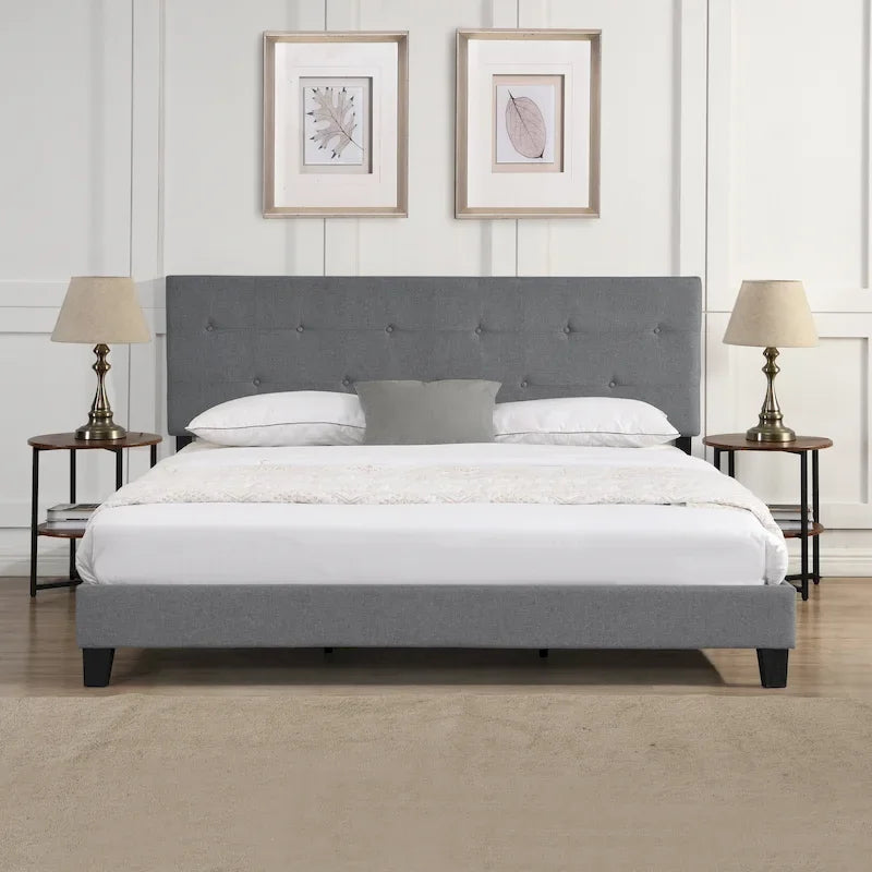 Lit plateforme capitonné Queen Size avec tête de lit capitonnée