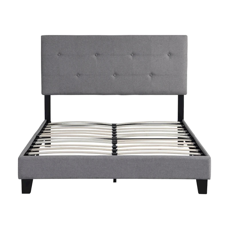 Lit Plateforme Double en Lin Gris avec Tête de Lit Capitonnée, Solide Support à Lattes en Bois, Aucun Sommier Tapissier Requis