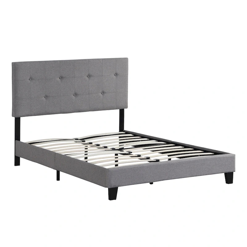 Lit Plateforme Double en Lin Gris avec Tête de Lit Capitonnée, Solide Support à Lattes en Bois, Aucun Sommier Tapissier Requis