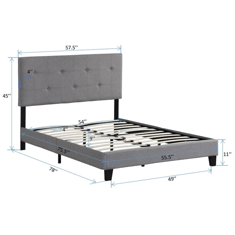 Lit Plateforme Double en Lin Gris avec Tête de Lit Capitonnée, Solide Support à Lattes en Bois, Aucun Sommier Tapissier Requis