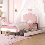 Lit de princesse rembourré avec tête de lit couronne et tiroirs