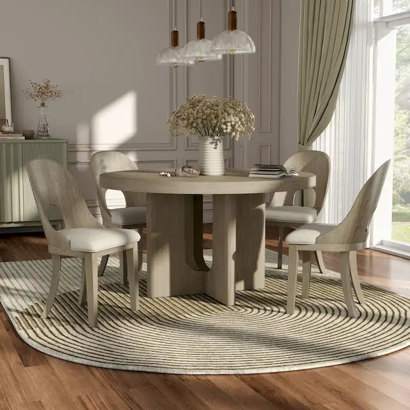Table à manger ronde Piez moderne en bois massif avec chaises