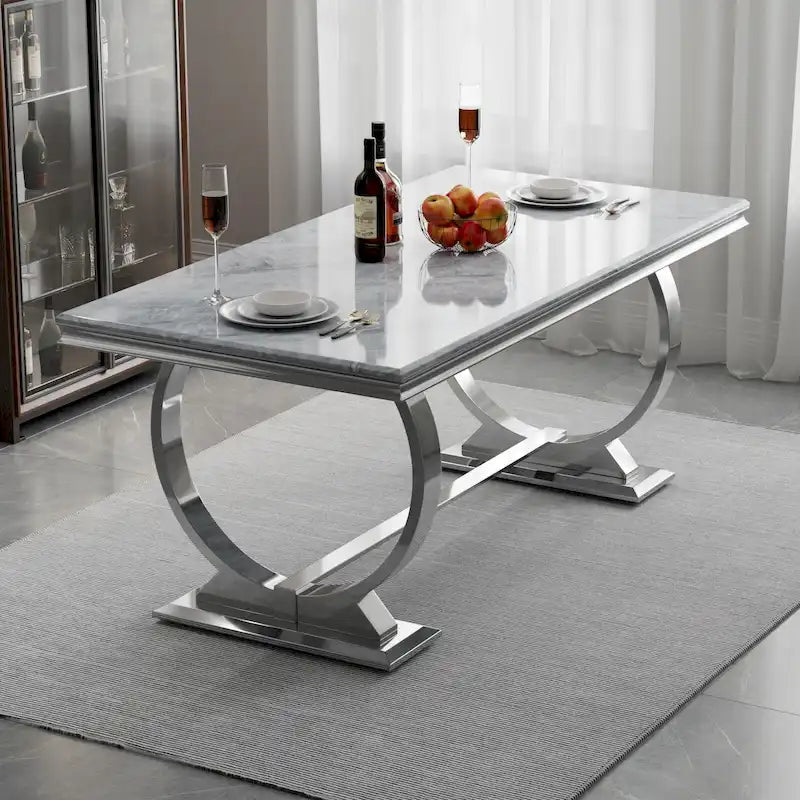 Table à manger de luxe avec piètement circulaire en métal poli - 72 pouces
