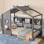 Lit cabane au sol simple, lit Montessori pour enfants avec étagère de rangement et toit