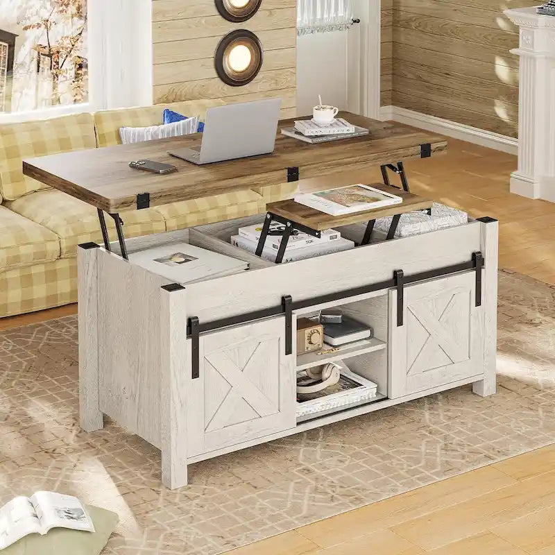 Table basse relevable 2 portes coulissantes style grange Table à manger avec rangement