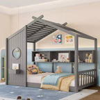 Lit cabane au sol simple, lit Montessori pour enfants avec étagère de rangement et toit