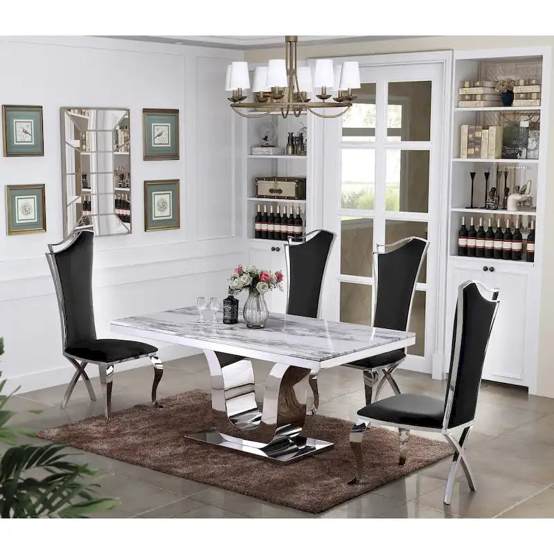  Luxe White Genuine Marble 5pc Dining Set