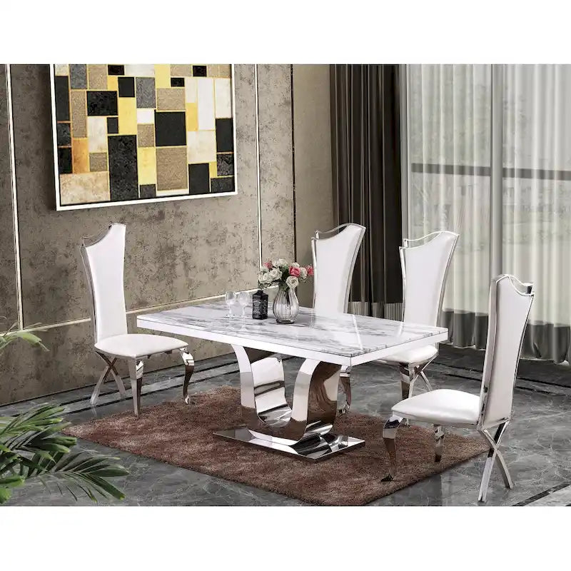 Table à manger de luxe en marbre véritable blanc avec chaises