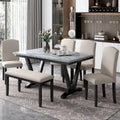 Table de salle à manger avec plateau en placage marbré, chaises et banc