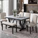 Table de salle à manger avec plateau en placage marbré, chaises et banc