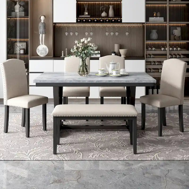 Table de salle à manger avec plateau en placage marbré, chaises et banc