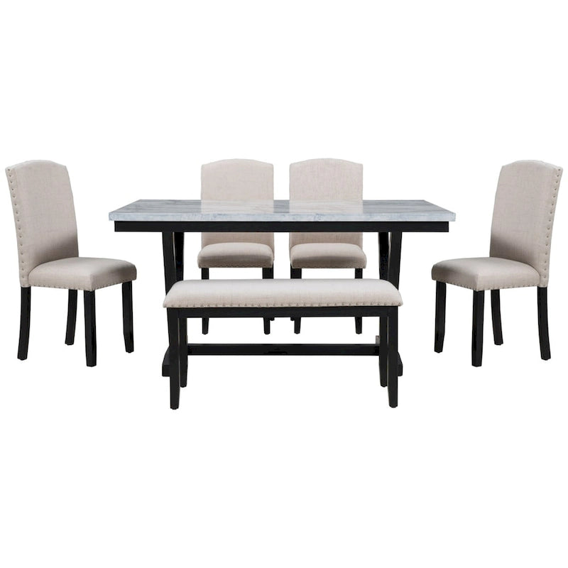 Table de salle à manger avec plateau en placage marbré, chaises et banc