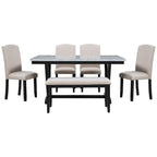 Table de salle à manger avec plateau en placage marbré, chaises et banc