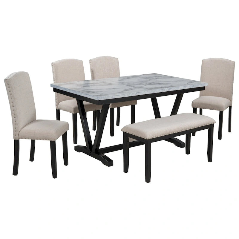 Table de salle à manger avec plateau en placage marbré, chaises et banc