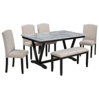 Table de salle à manger avec plateau en placage marbré, chaises et banc