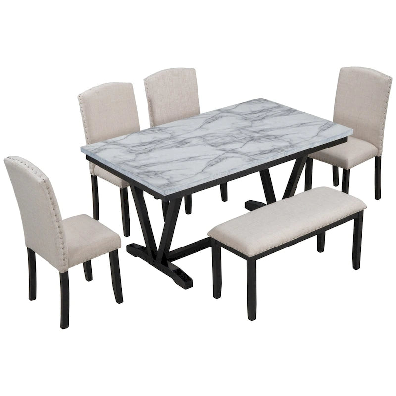 Table de salle à manger avec plateau en placage marbré, chaises et banc