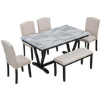 Table de salle à manger avec plateau en placage marbré, chaises et banc