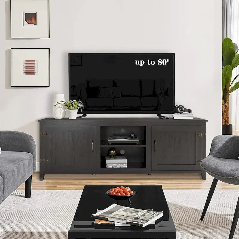 Meuble TV 70" avec étagères et portes - Noir