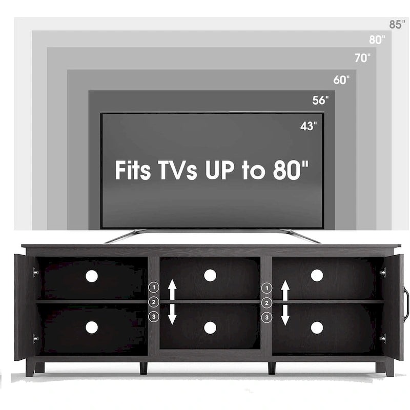 Meuble TV 70" avec étagères et portes - Noir