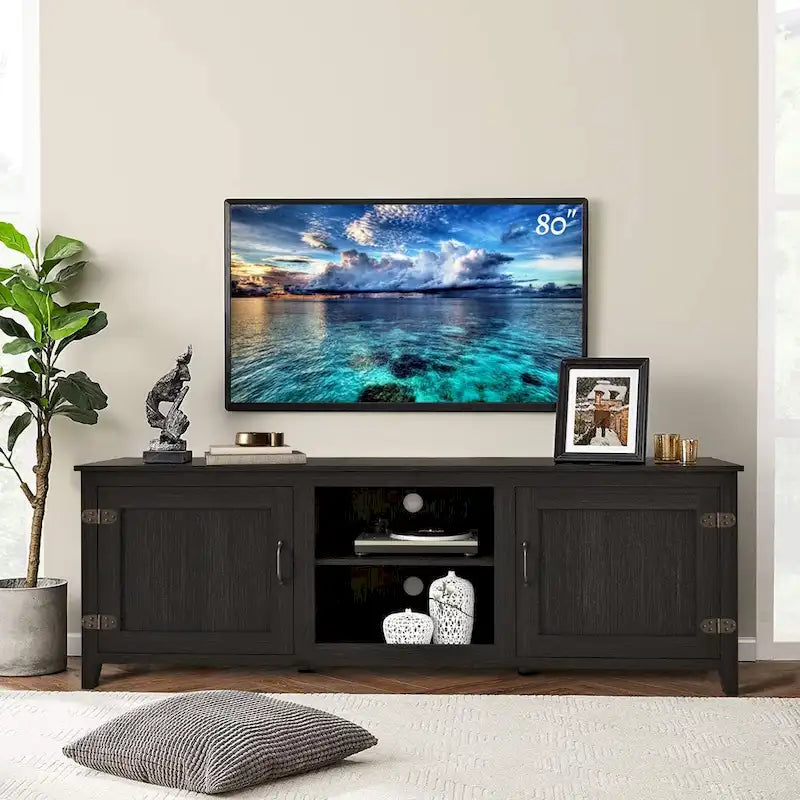 Meuble TV 70" avec étagères et portes - Noir