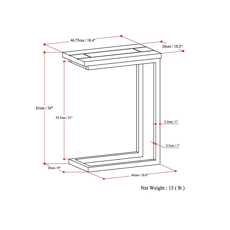 Rhonda Table d'appoint industrielle en métal massif en forme de C, 45,7 cm (L) x 25,4 cm (P) x 61 cm (H)
