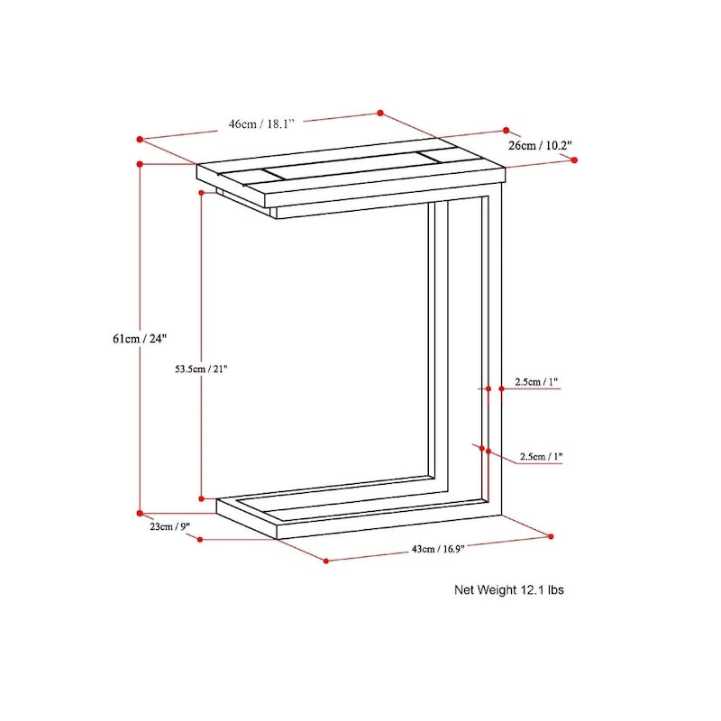 Rhonda Table d'appoint industrielle en métal massif en forme de C, 45,7 cm (L) x 25,4 cm (P) x 61 cm (H)