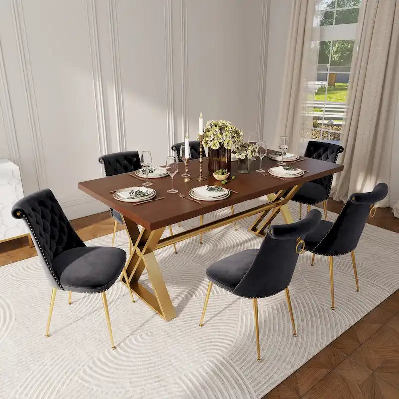 Table à manger en bois de noyer avec chaise en velours