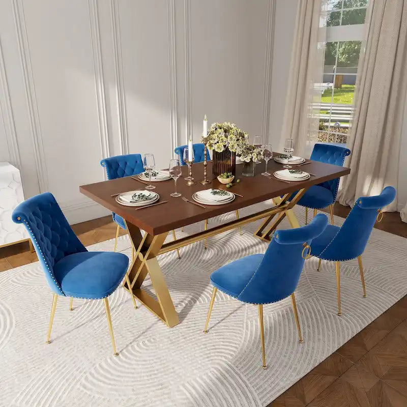 Table à manger en bois de noyer avec chaise en velours