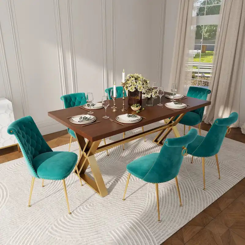 Table à manger en bois de noyer avec chaise en velours